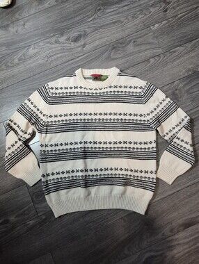 Vintage Boston Traders Geo Knit Sweater Men's Large Cream Black Merino Wool